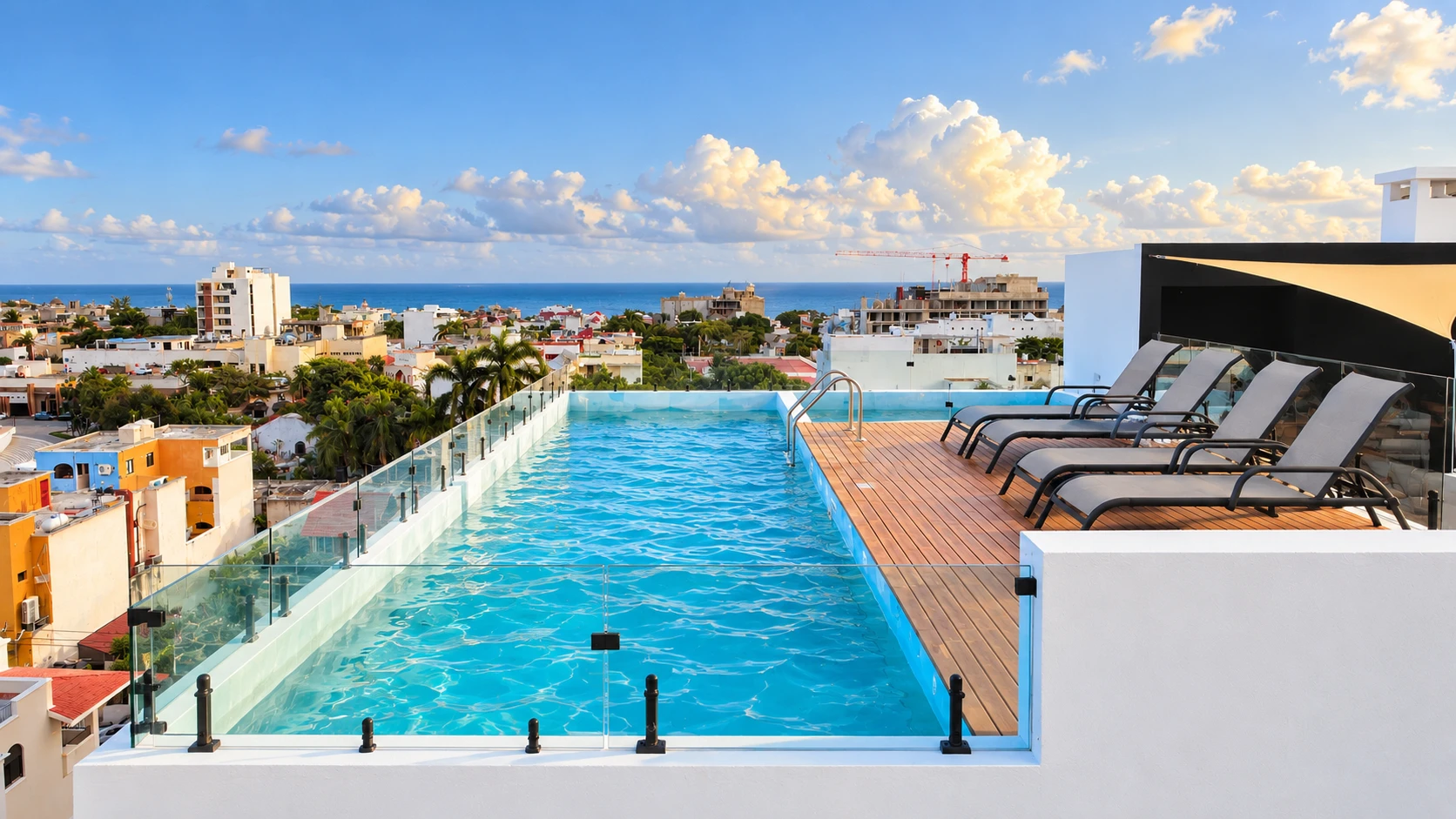 Rooftop con alberca infinity de Casa Maracuyá, vista a Playa del Carmen y el mar